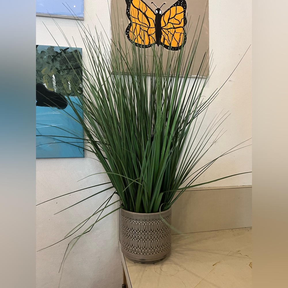 Faux potted plant tall grass, fake ceramic pot